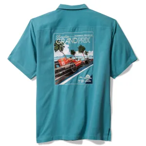 Tommy Bahama Men's Big & Tall Tommy Grand Prix Embroidered Silk Camp Shirt - Dark Canal Blue Mens Tommy Bahama