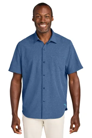 Tommy Bahama Mens Sandy Point Moisture Wicking Short Sleeve Button Down Shirt w/ Pocket - Classic Blue
