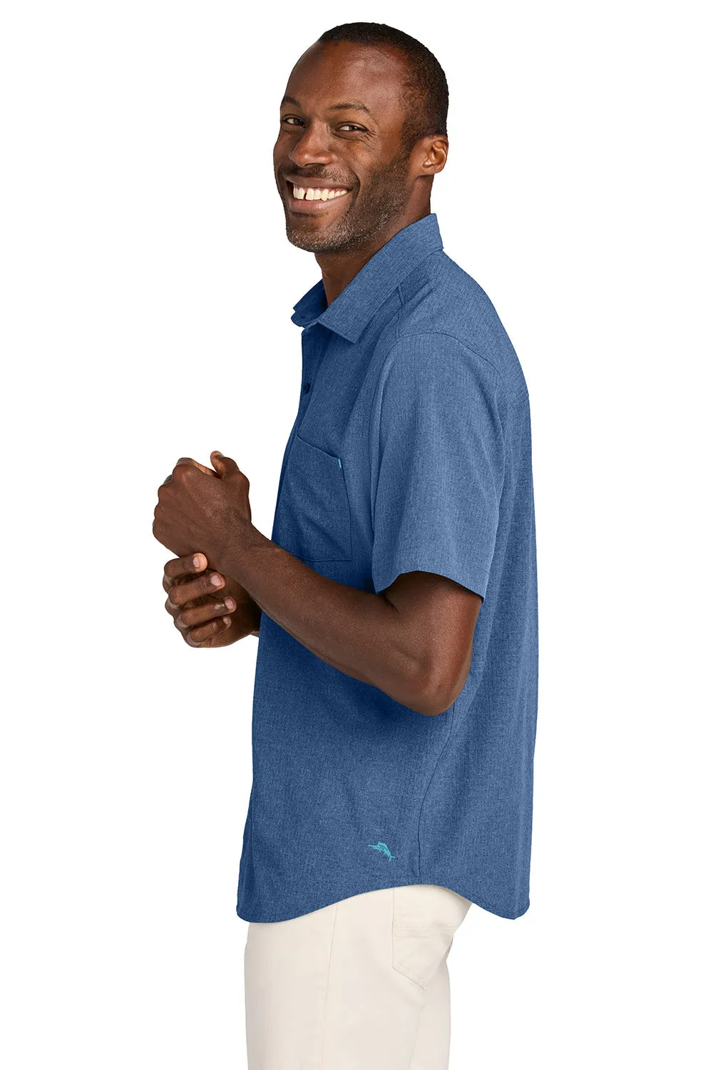 Tommy Bahama Mens Sandy Point Moisture Wicking Short Sleeve Button Down Shirt w/ Pocket - Classic Blue