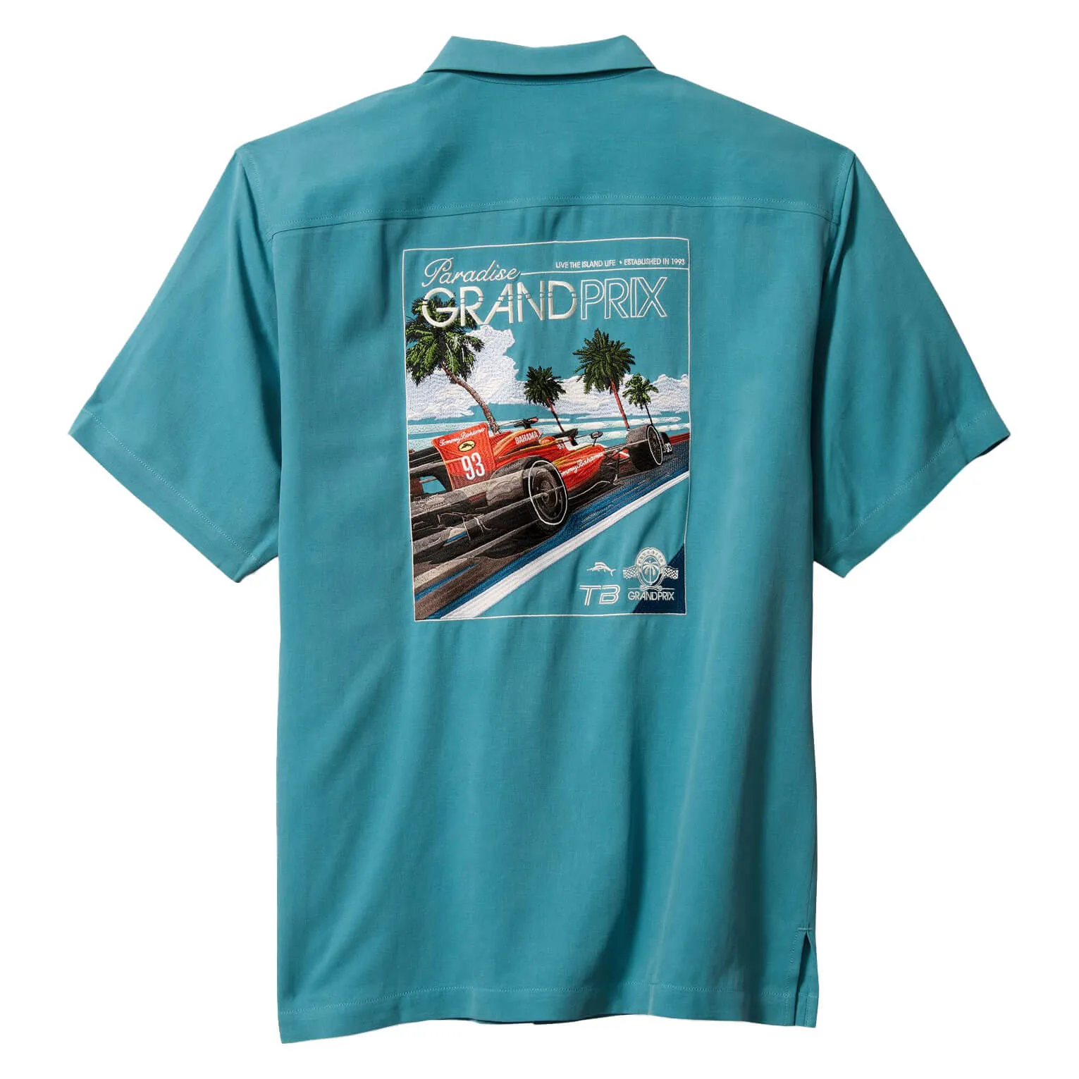 Tommy Bahama Men's Tommy Grand Prix Embroidered Silk Camp Shirt - Dark Canal Blue Mens Tommy Bahama