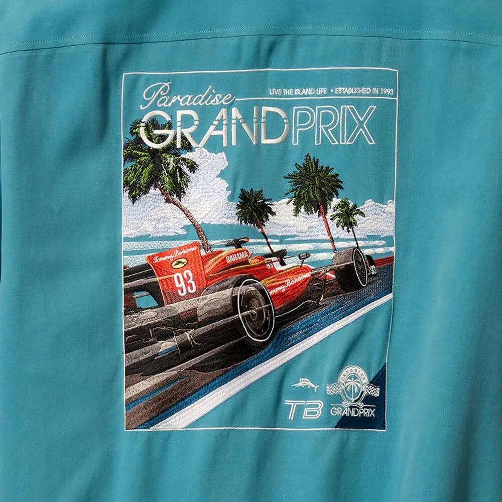 Tommy Bahama Men's Tommy Grand Prix Embroidered Silk Camp Shirt - Dark Canal Blue Mens Tommy Bahama
