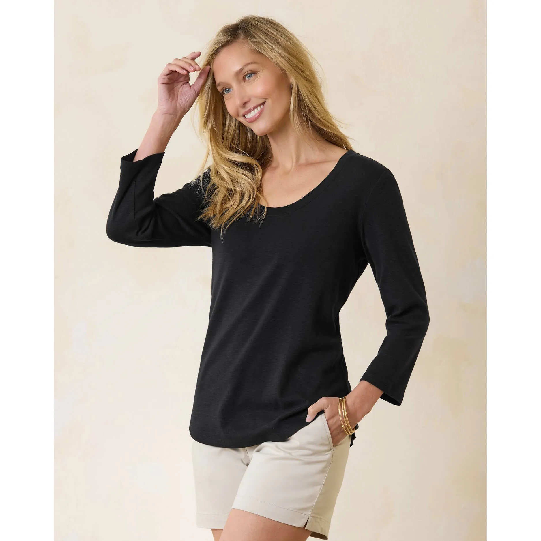 Tommy Bahama Women's Ashby Isles Rib 3/4 Sleeve Scoop Top - Black Tommy Bahama Clothing