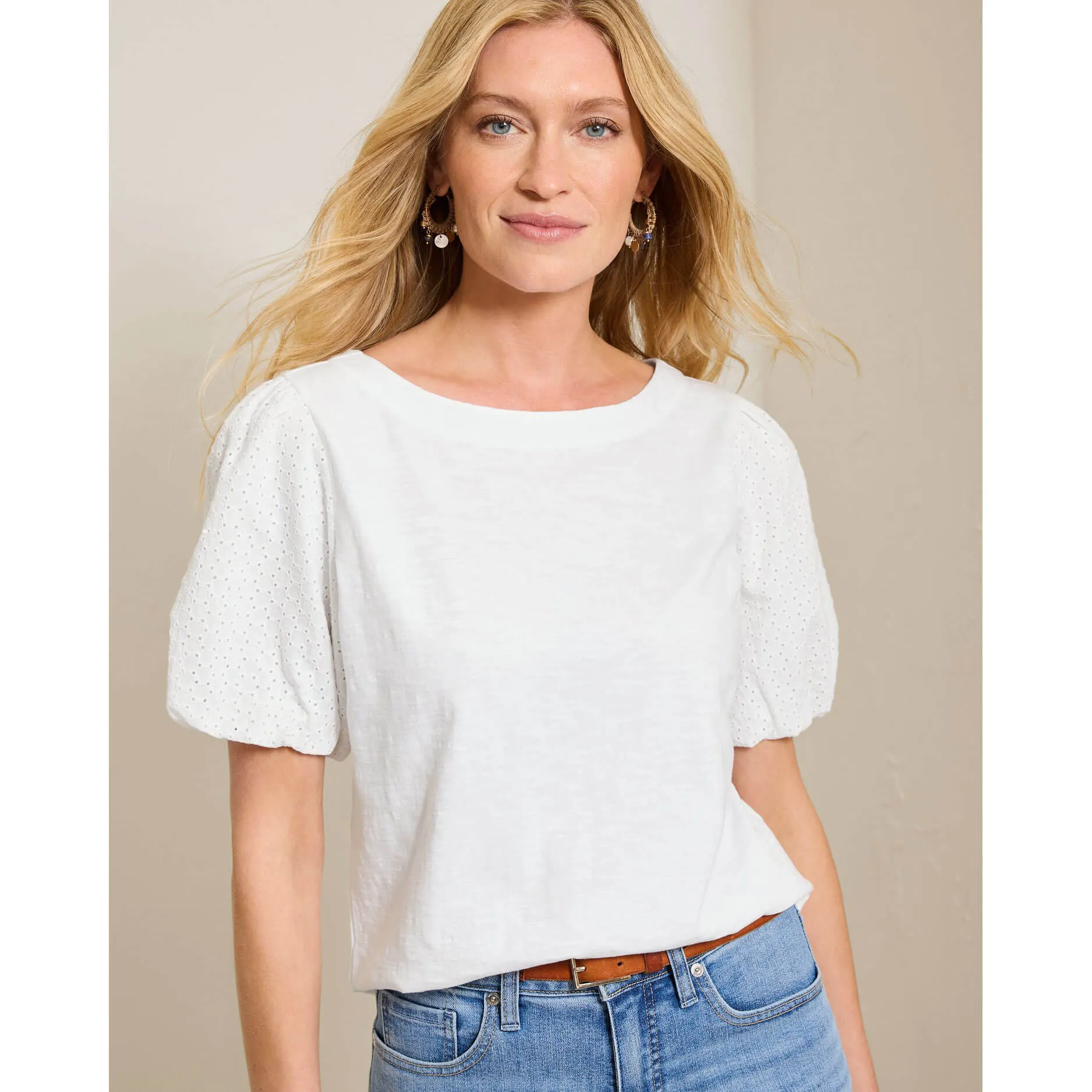 Tommy Bahama Women's Eyelet Puff Sleeve Lux T-Shirt - White Tommy Bahama Clothing