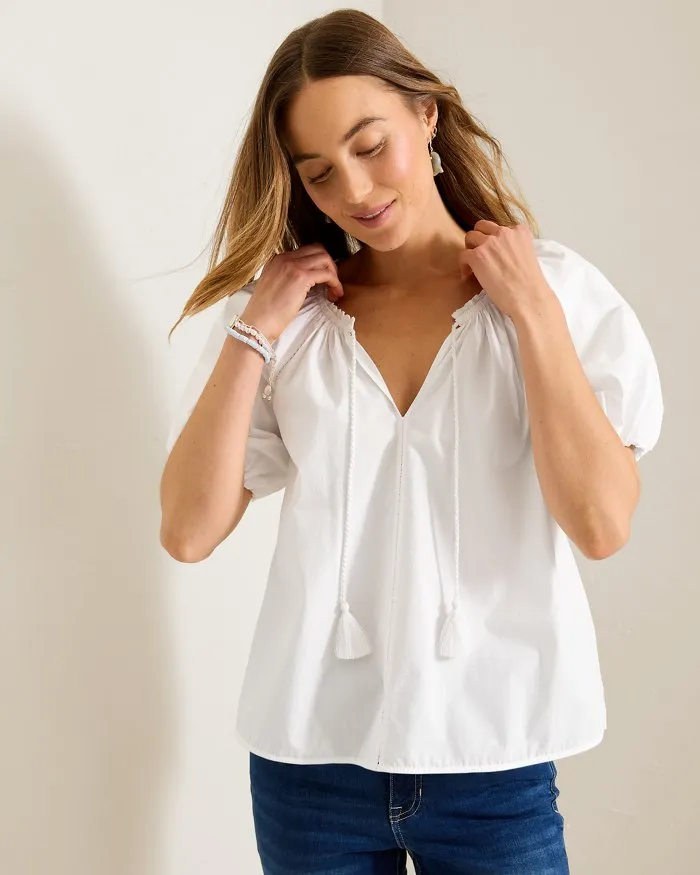 Tommy Bahama Women's Oceana Puff Short Sleeve Split Neck Top - White Tommy Bahama Clothing