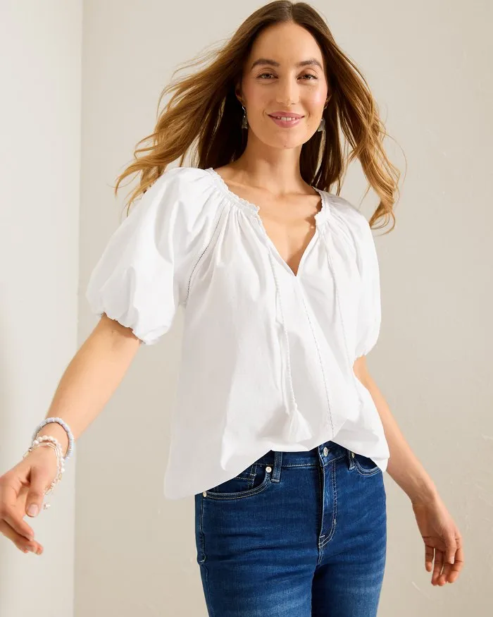 Tommy Bahama Women's Oceana Puff Short Sleeve Split Neck Top - White Tommy Bahama Clothing