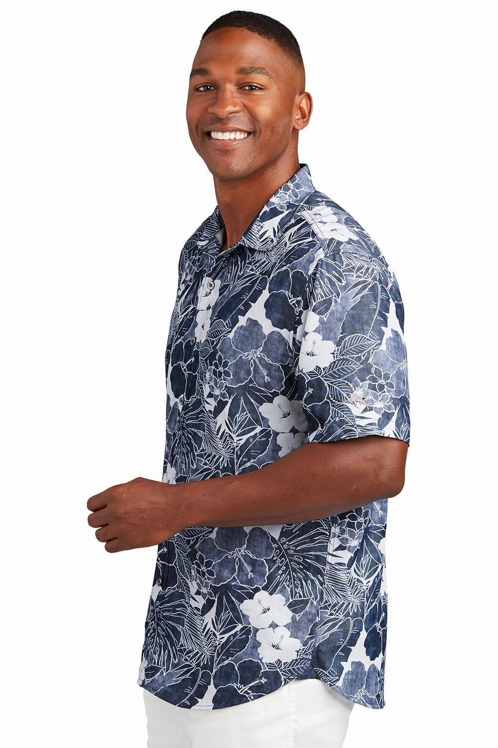 Tommy Bahama Mens Coconut Point Playa Flora Moisture Wicking Short Sleeve Button Down Shirt - Blue Note
