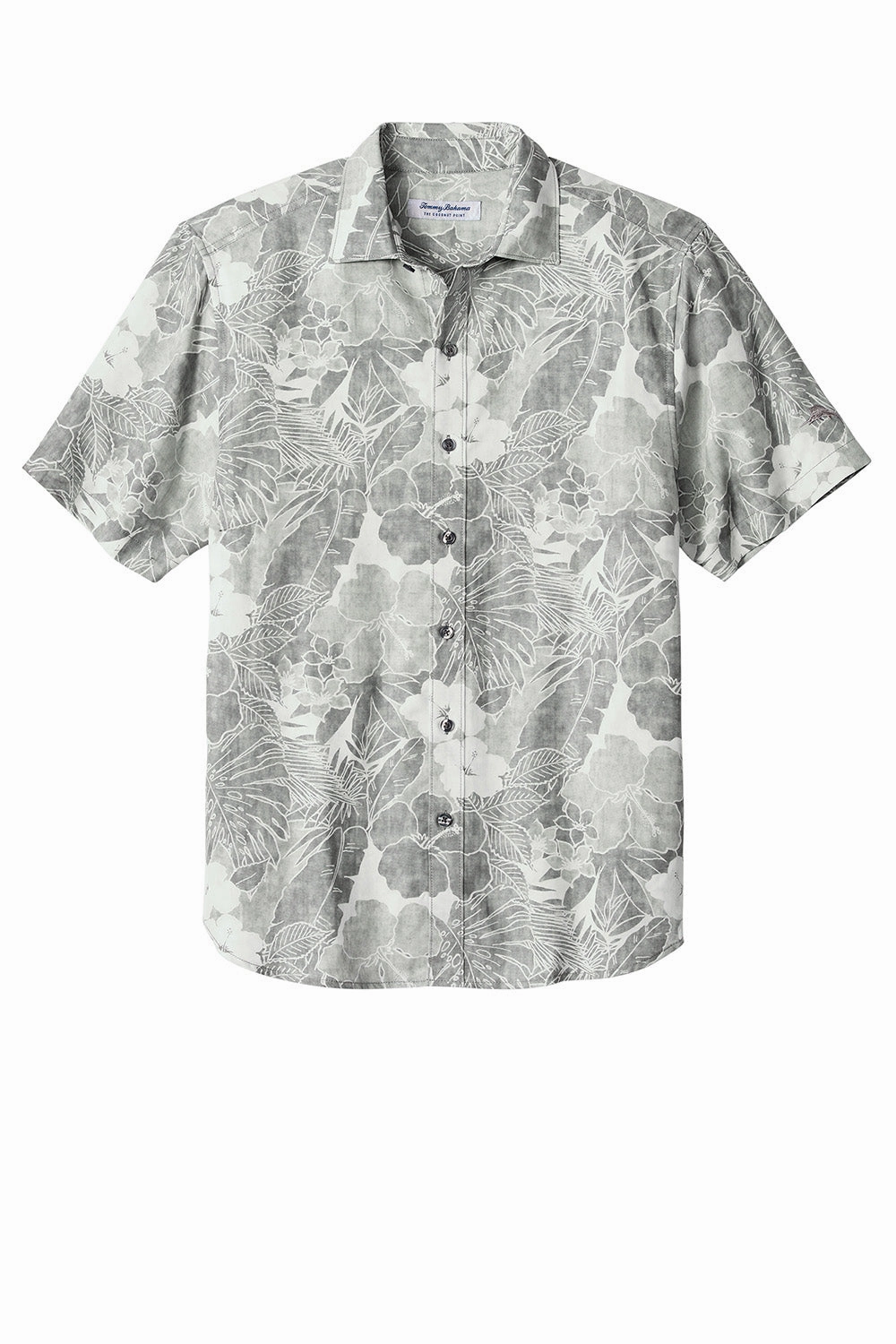 Tommy Bahama Mens Coconut Point Playa Flora Moisture Wicking Short Sleeve Button Down Shirt - Light Grey