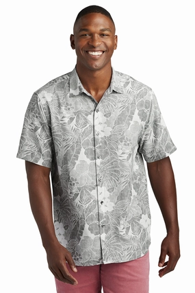 Tommy Bahama Mens Coconut Point Playa Flora Moisture Wicking Short Sleeve Button Down Shirt - Light Grey