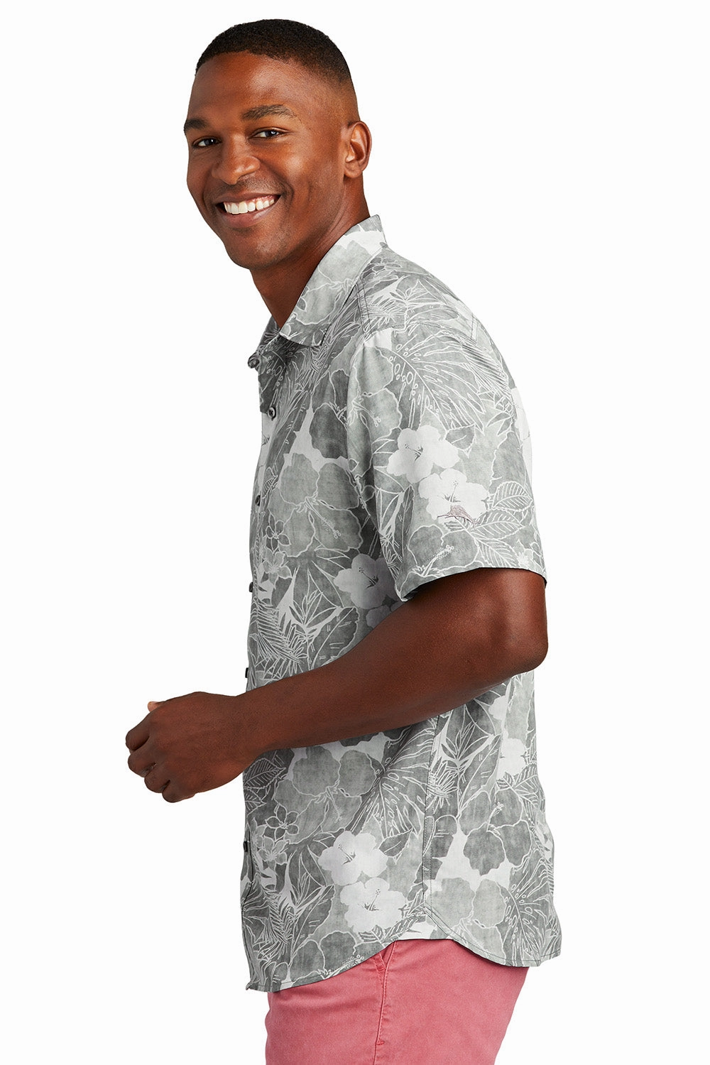 Tommy Bahama Mens Coconut Point Playa Flora Moisture Wicking Short Sleeve Button Down Shirt - Light Grey