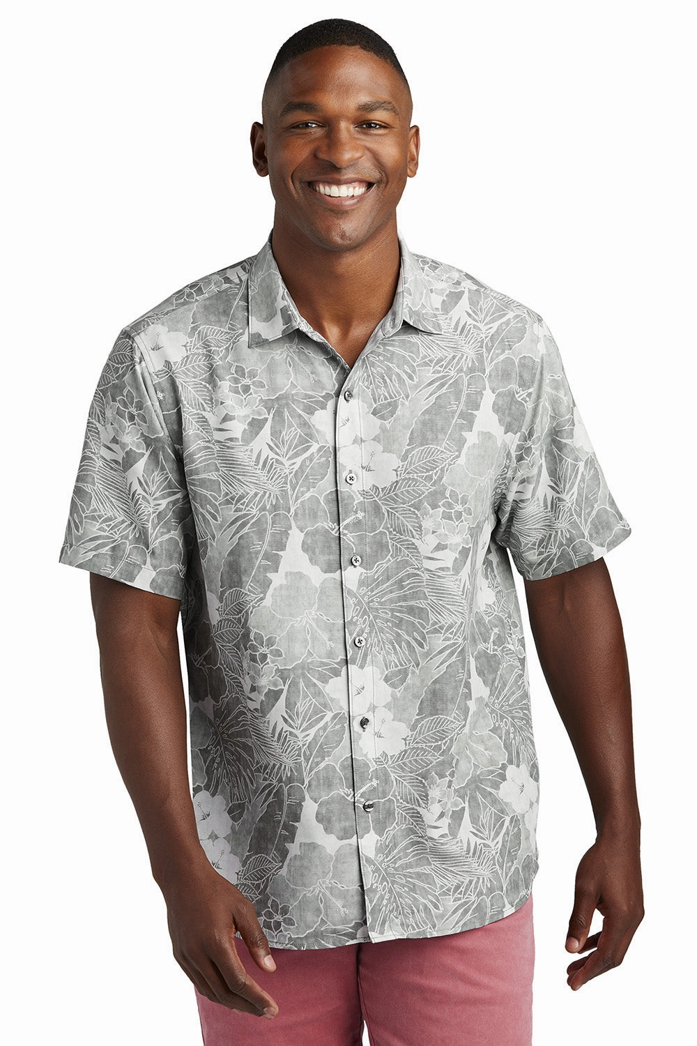 Tommy Bahama Mens Coconut Point Playa Flora Moisture Wicking Short Sleeve Button Down Shirt - Light Grey