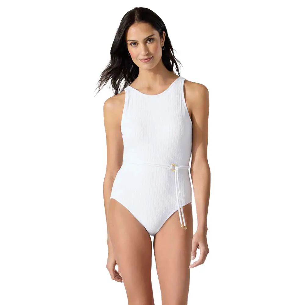 Womens Tommy Bahama Swimwear Tommy Bahama Cable Beach High Neck One Piece Swimsuit - White