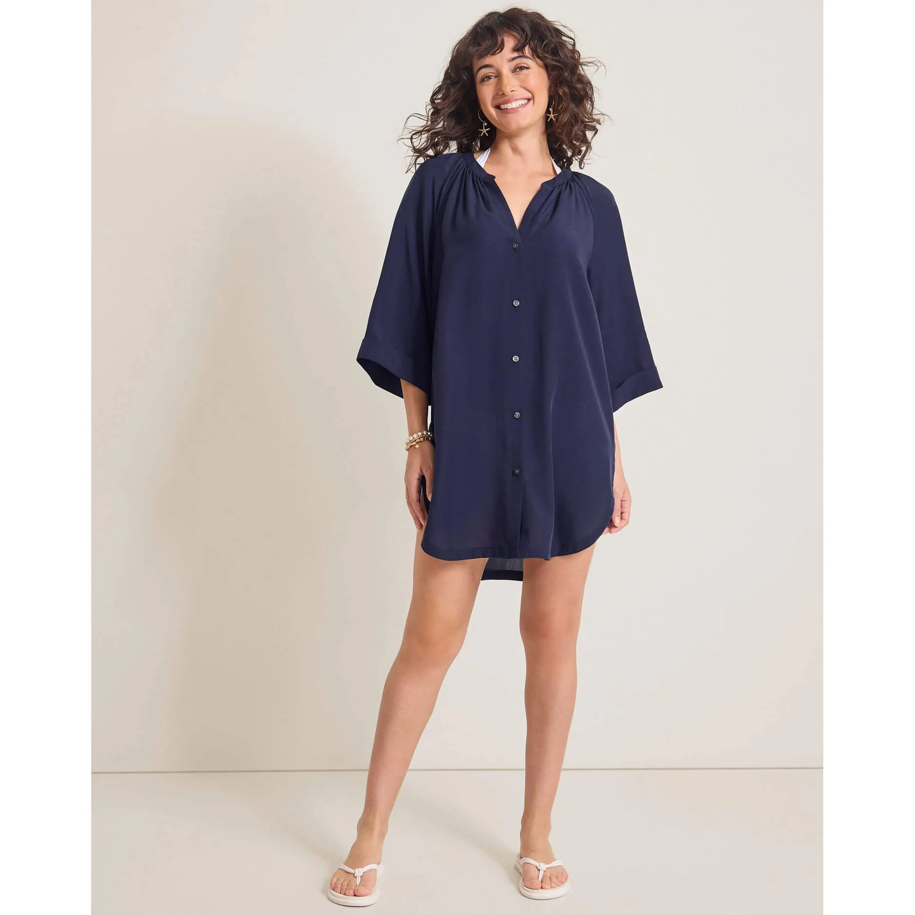 Womens Tommy Bahama Swimwear Tommy Bahama Capri Coast Boyfriend Shirt Cover Up - Mare Navy