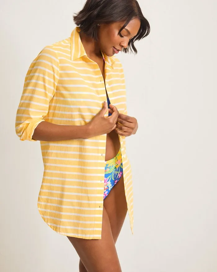 Womens Tommy Bahama Swimwear Tommy Bahama Coastline Stripe Boyfriend Shirt Cover Up - Daffodil Daze *