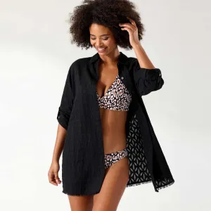 Womens Tommy Bahama Swimwear Tommy Bahama Cotton Clip Jacquard Boyfriend Shirt Cover Up - Black