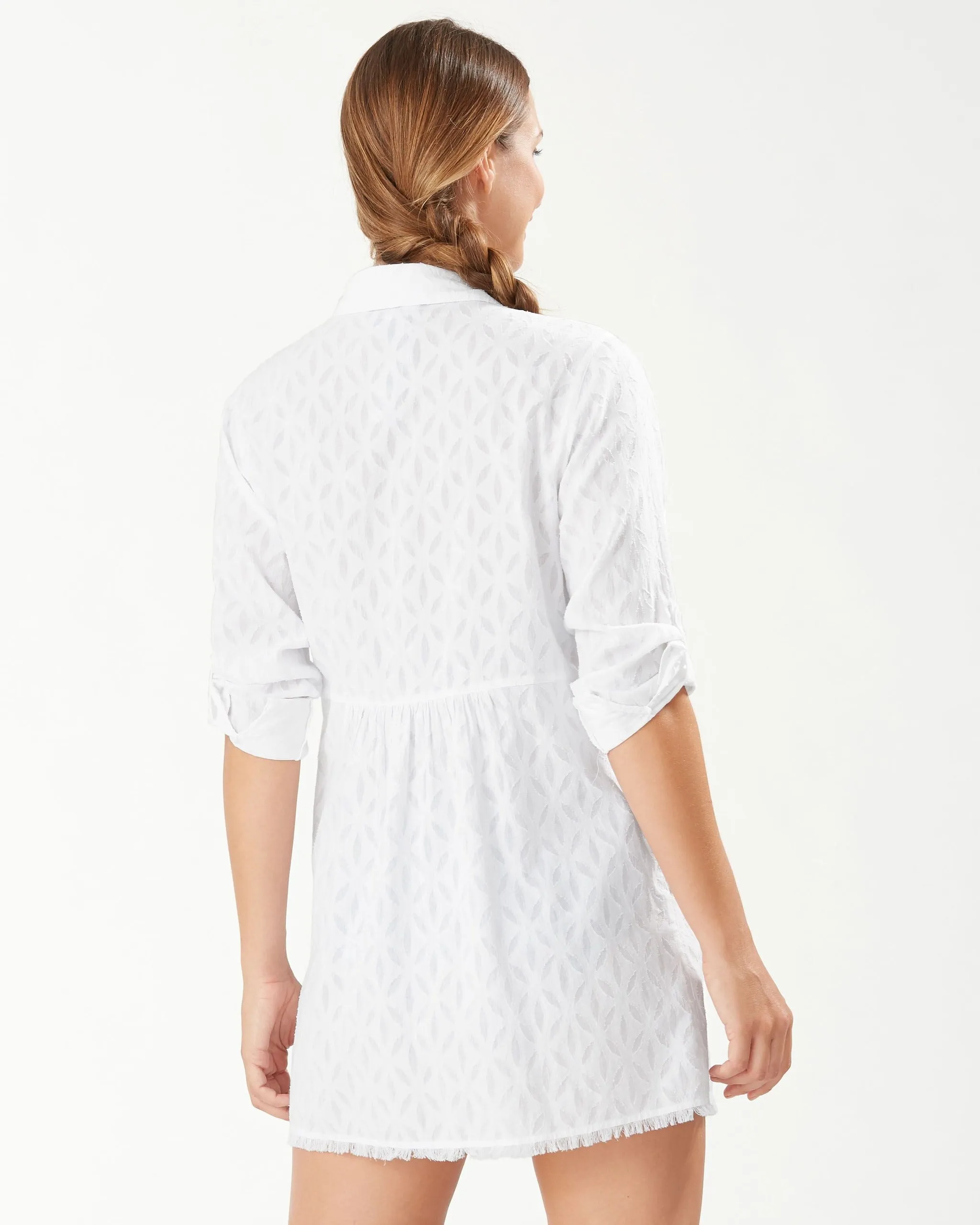 Womens Tommy Bahama Swimwear Tommy Bahama Cotton Clip Jacquard Boyfriend Shirt Dress Cover Up- White
