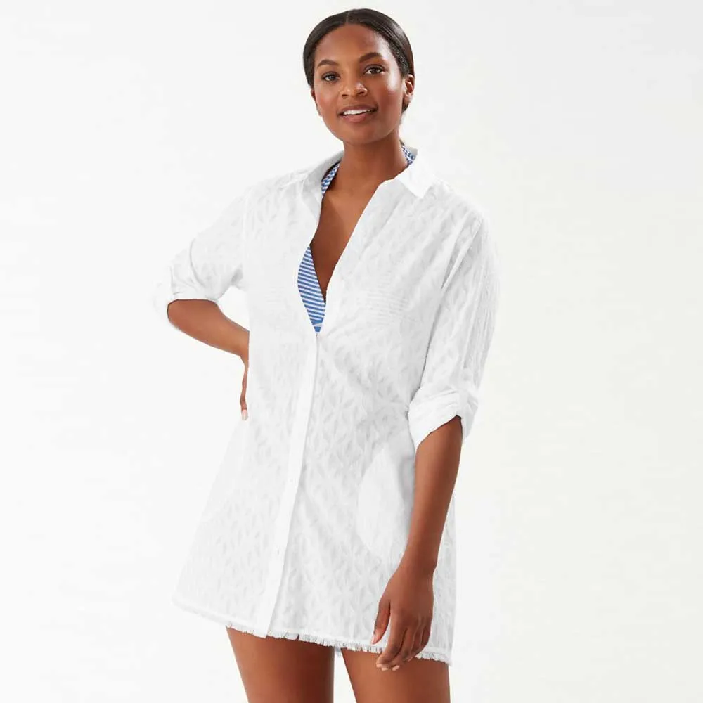Womens Tommy Bahama Swimwear Tommy Bahama Cotton Clip Jacquard Boyfriend Shirt Dress Cover Up- White