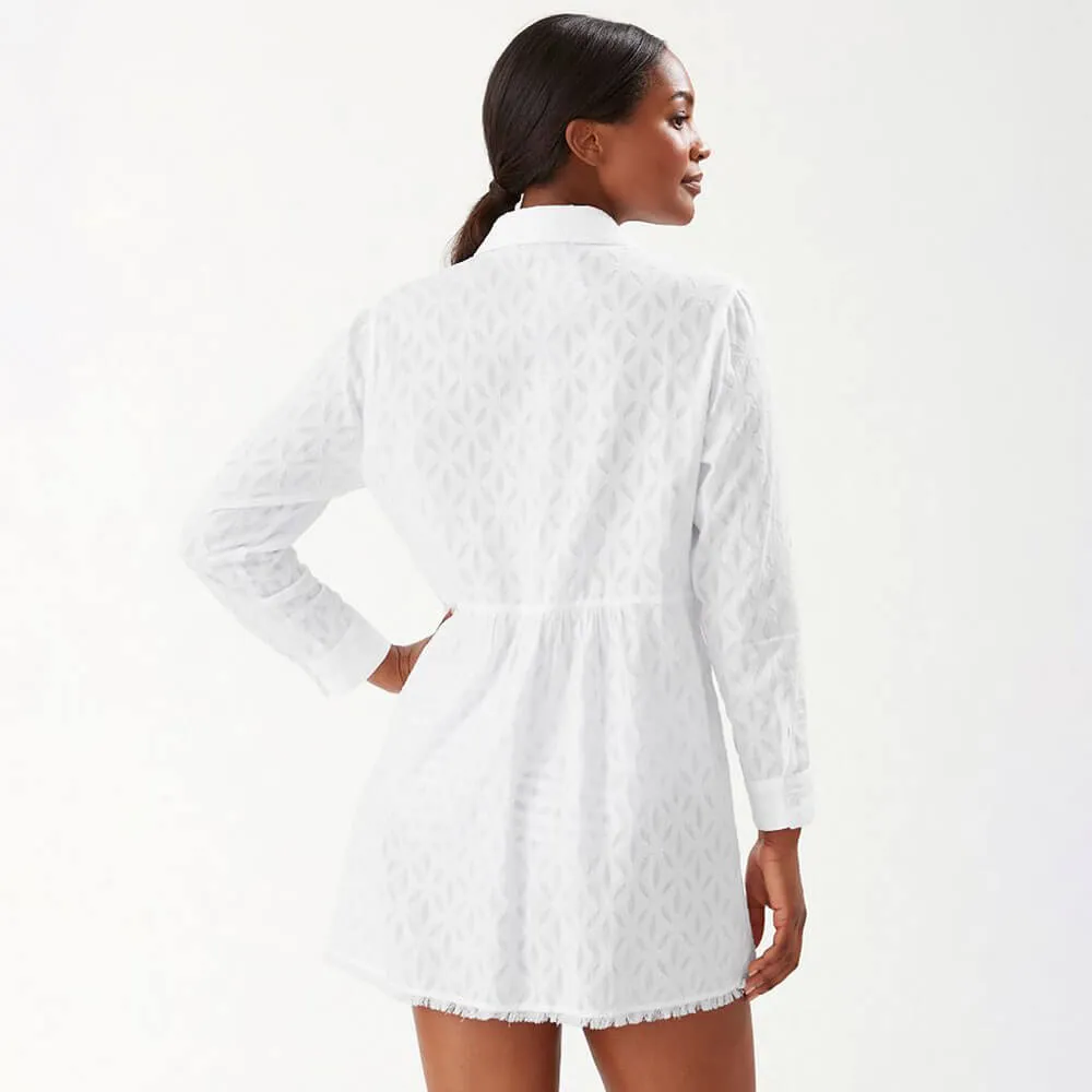 Womens Tommy Bahama Swimwear Tommy Bahama Cotton Clip Jacquard Boyfriend Shirt Dress Cover Up- White