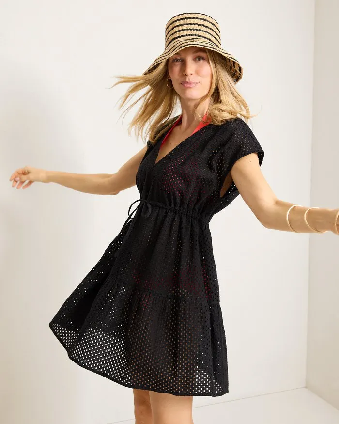 Womens Tommy Bahama Swimwear Tommy Bahama Eyelet Cove Vneck Short Dress Cover Up - Black *