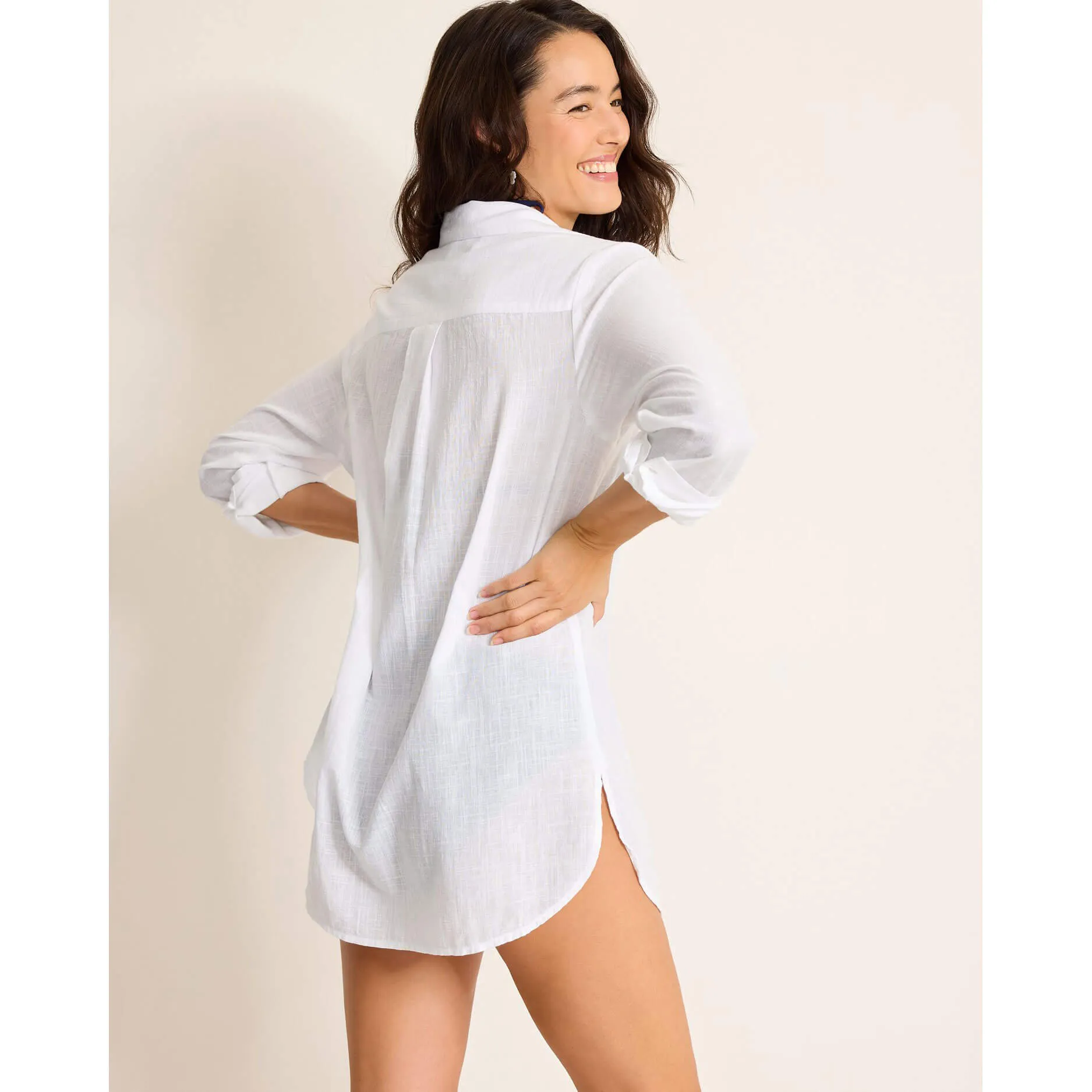 Womens Tommy Bahama Swimwear Tommy Bahama Shoreline Cotton Boyfriend Shirt Cover Up- White