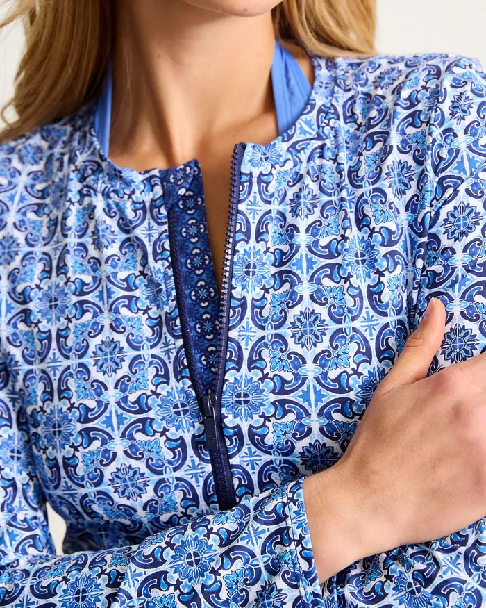 Womens Tommy Bahama Swimwear Tommy Bahama Terrazzo Tile Full Zip Ls Rashguard Cover Up - Palace Blue