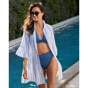 Womens Tommy Bahama Swimwear Tommy Bahama Womens Bonita Stripe Tier Shirt Dress Coverup - Beaming Blue