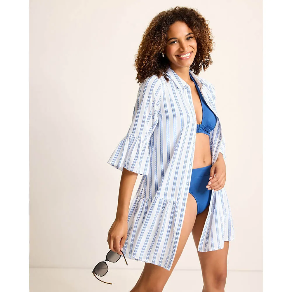 Womens Tommy Bahama Swimwear Tommy Bahama Womens Bonita Stripe Tier Shirt Dress Coverup - Beaming Blue